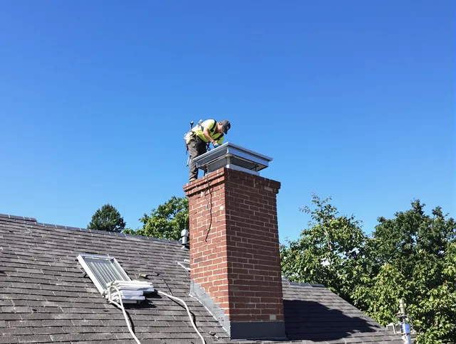 University Heights Chimney Sweep technician measuring a chimney cap in University Heights, OH